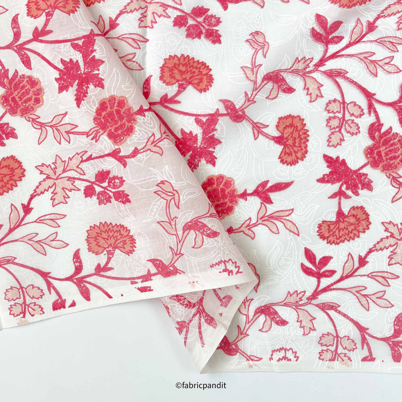 Hand Block Printed Cotton Fabric Cut Piece (CUT PIECE) Peach & White Orchids & Roses Hand Block Printed Pure Cotton Fabric (Width 42 inches)