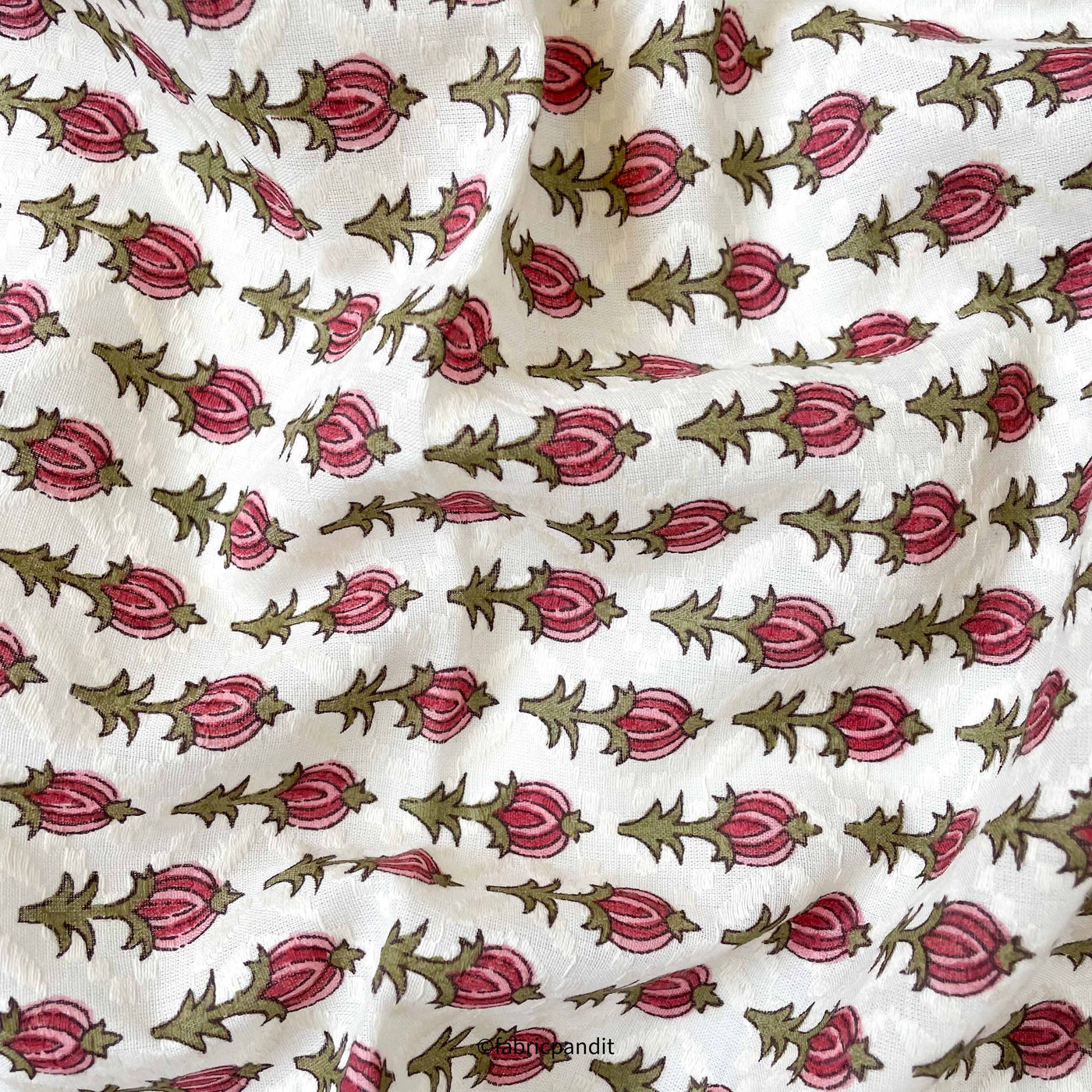 Hand Block Printed Cotton Fabric Cut Piece (CUT PIECE) Pink & Green Pumpkin Flower Hand Block Printed Pure Cotton Dobby Fabric (Width 42 inches)