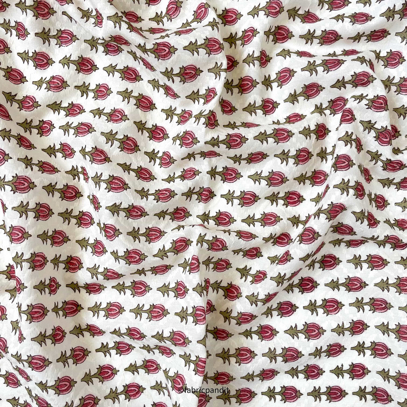 Hand Block Printed Cotton Fabric Cut Piece (CUT PIECE) Pink & Green Pumpkin Flower Hand Block Printed Pure Cotton Dobby Fabric (Width 42 inches)