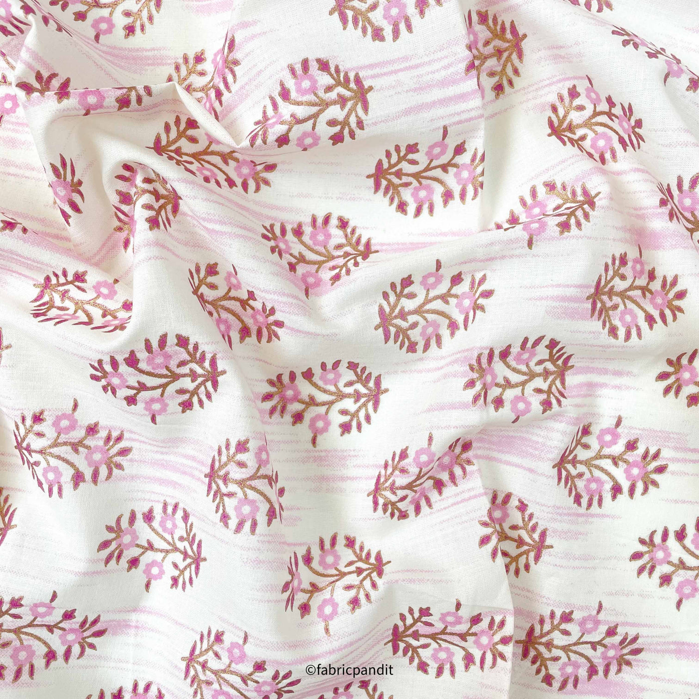 Hand Block Printed Cotton Fabric Cut Piece (CUT PIECE) Pink & Off-White Bunch of Daisies Hand Block Printed Pure Cotton Fabric (Width 42 inches)