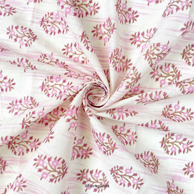 Hand Block Printed Cotton Fabric Cut Piece (CUT PIECE) Pink & Off-White Bunch of Daisies Hand Block Printed Pure Cotton Fabric (Width 42 inches)