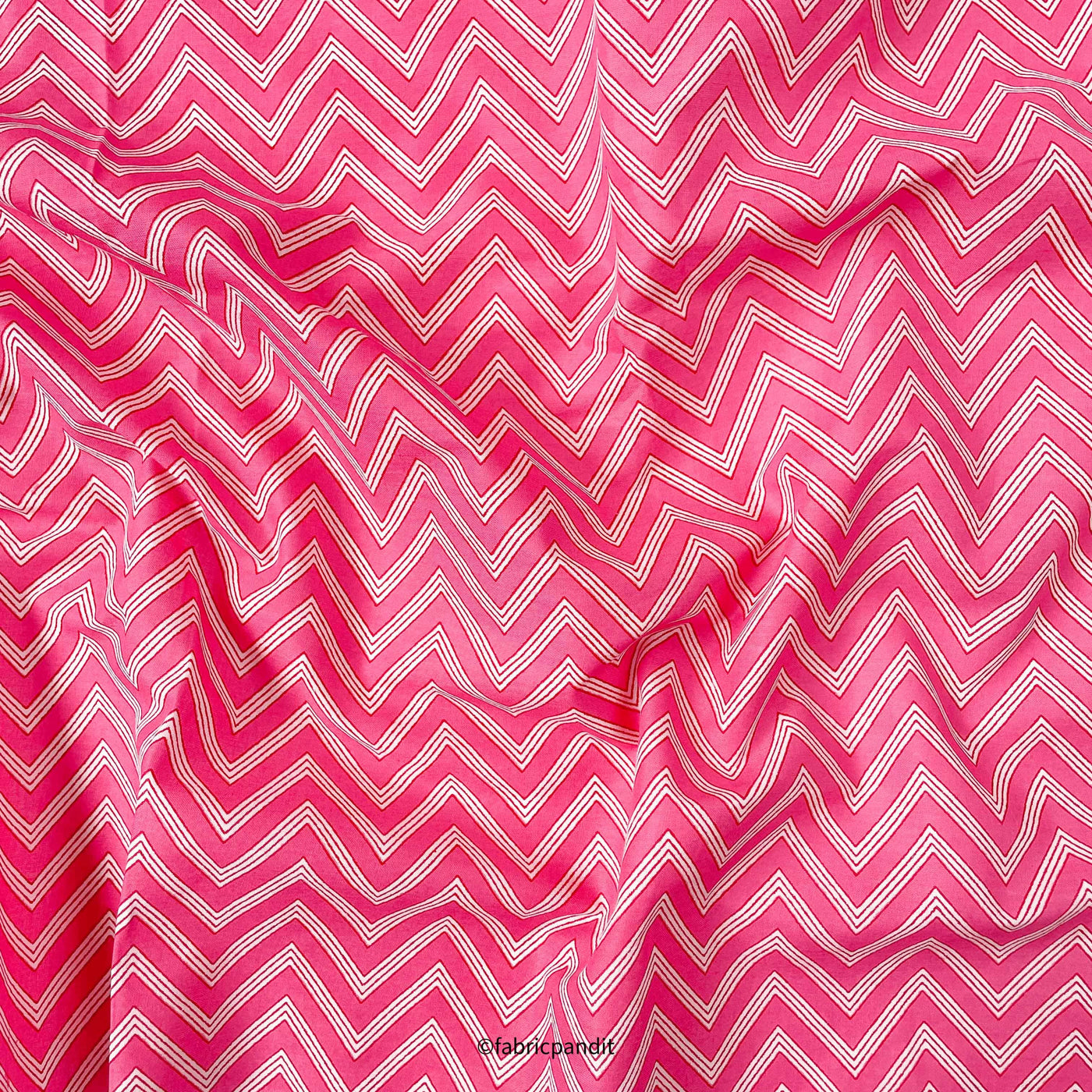 Hand Block Printed Cotton Fabric Cut Piece (CUT PIECE) Pink & White All Over Zig-Zag Hand Block Printed Pure Cotton Fabric (Width 42 inches)
