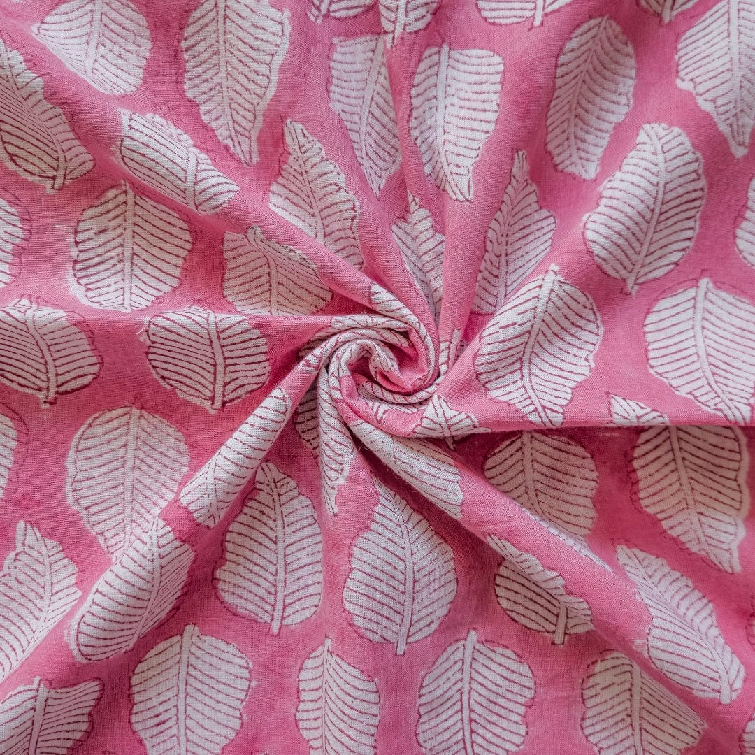 Hand Block Printed Cotton Fabric Cut Piece (CUT PIECE) Pink & White Autumn Leaf Hand Block Printed Pure Cotton Fabric (Width 42 Inches)