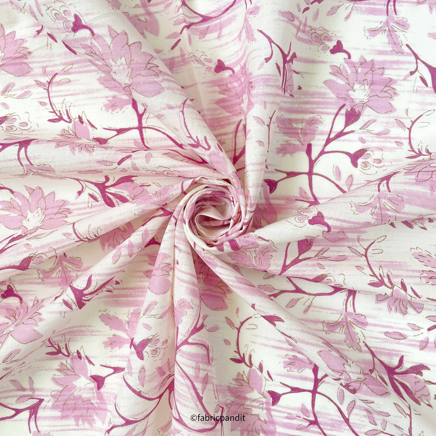 Hand Block Printed Cotton Fabric Cut Piece (CUT PIECE) Pink & White Egyptian Floral Garden Hand Block Printed Pure Cotton Fabric (Width 42 inches)