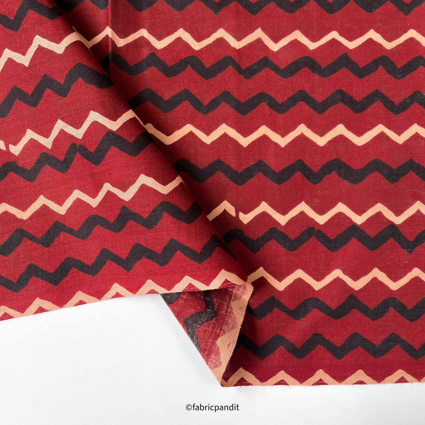 Hand Block Printed Cotton Fabric Cut Piece (CUT PIECE) Red & Black Zig- Zag Pattern Hand Block Printed Pure Cotton Fabric (Width 42 inches)