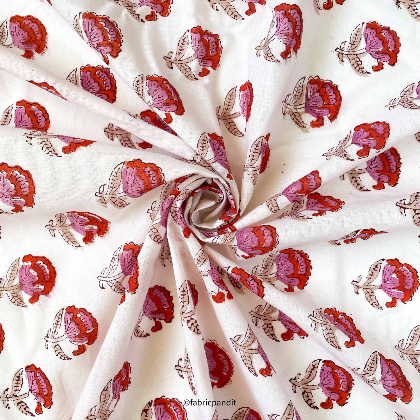 Hand Block Printed Cotton Fabric Cut Piece (CUT PIECE) Rose Pink & Red Mini Peonies All Over Hand Block Printed Pure Cotton Fabric (Width 42 inches)