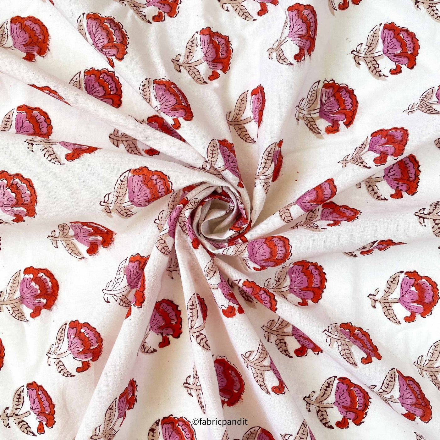 Hand Block Printed Cotton Fabric Cut Piece (CUT PIECE) Rose Pink & Red Mini Peonies All Over Hand Block Printed Pure Cotton Fabric (Width 42 inches)