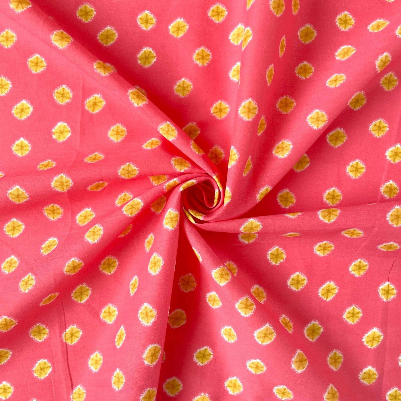 Hand Block Printed Cotton Fabric Cut Piece (CUT PIECE) Salmon Peach and Yellow Geometric Polka Hand Block Printed Kantha Pure Cotton Fabric Width (43 inches)