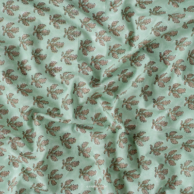 Hand Block Printed Cotton Fabric Cut Piece (CUT PIECE) Sea Green & Brown Dried Leaves Hand Block Printed Pure Cotton Fabric (Width 44 Inches)