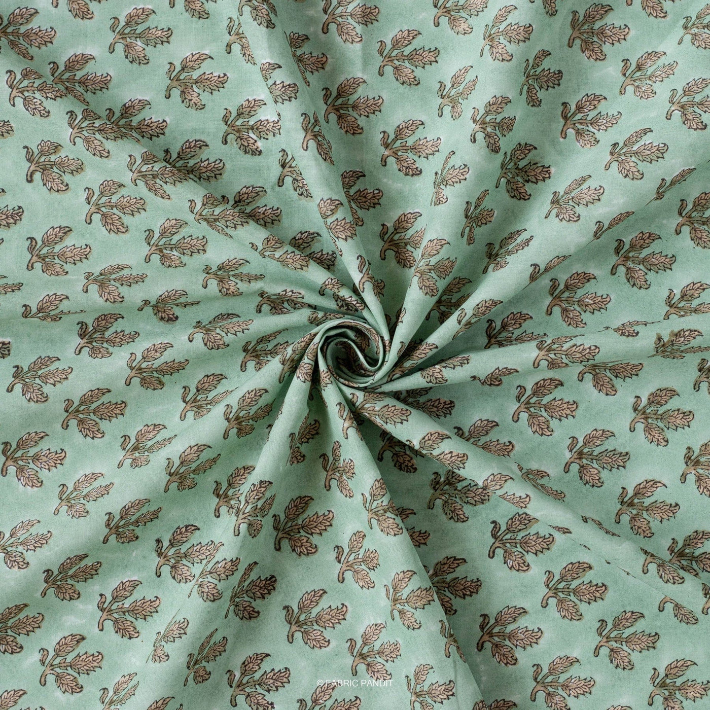 Hand Block Printed Cotton Fabric Cut Piece (CUT PIECE) Sea Green & Brown Dried Leaves Hand Block Printed Pure Cotton Fabric (Width 44 Inches)