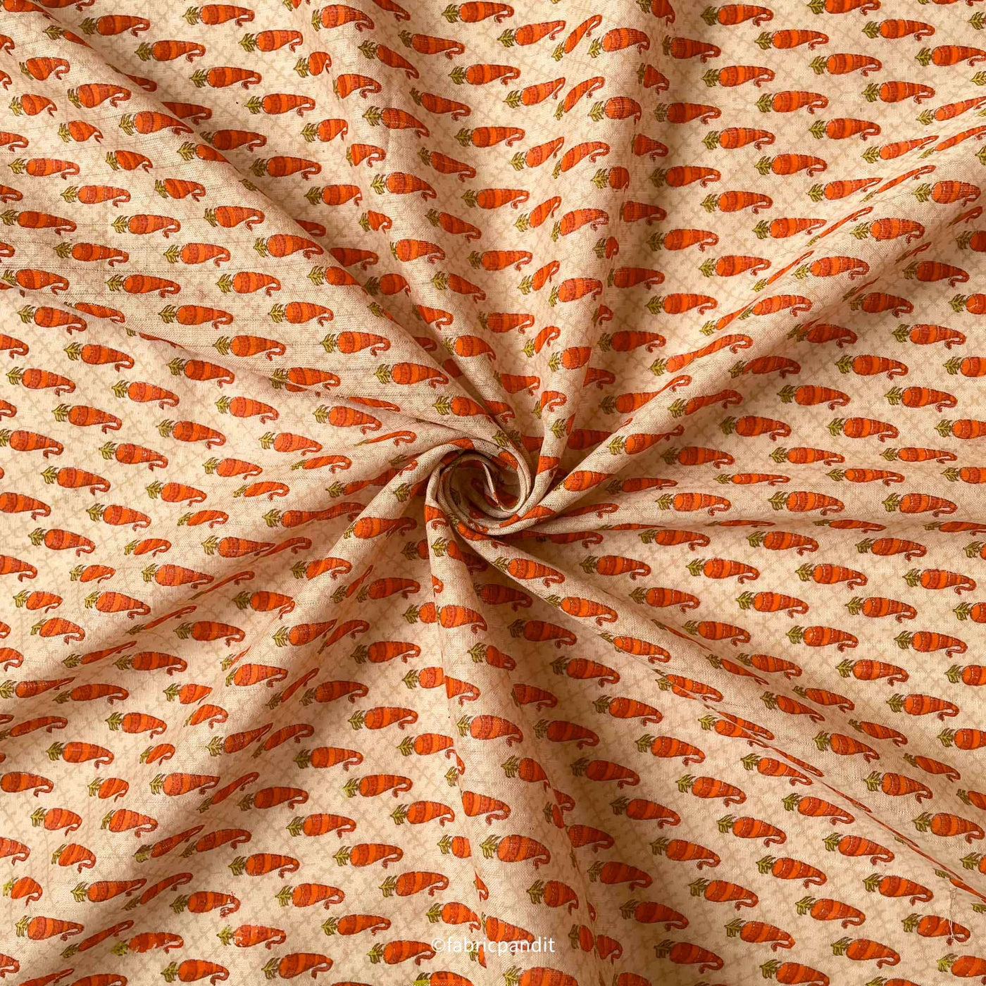 Hand Block Printed Cotton Fabric Cut Piece (CUT PIECE) Soft Gold & Orange Abstract Paisely Hand Block Printed Pure Cotton Denting Fabric (Width 43 Inches)