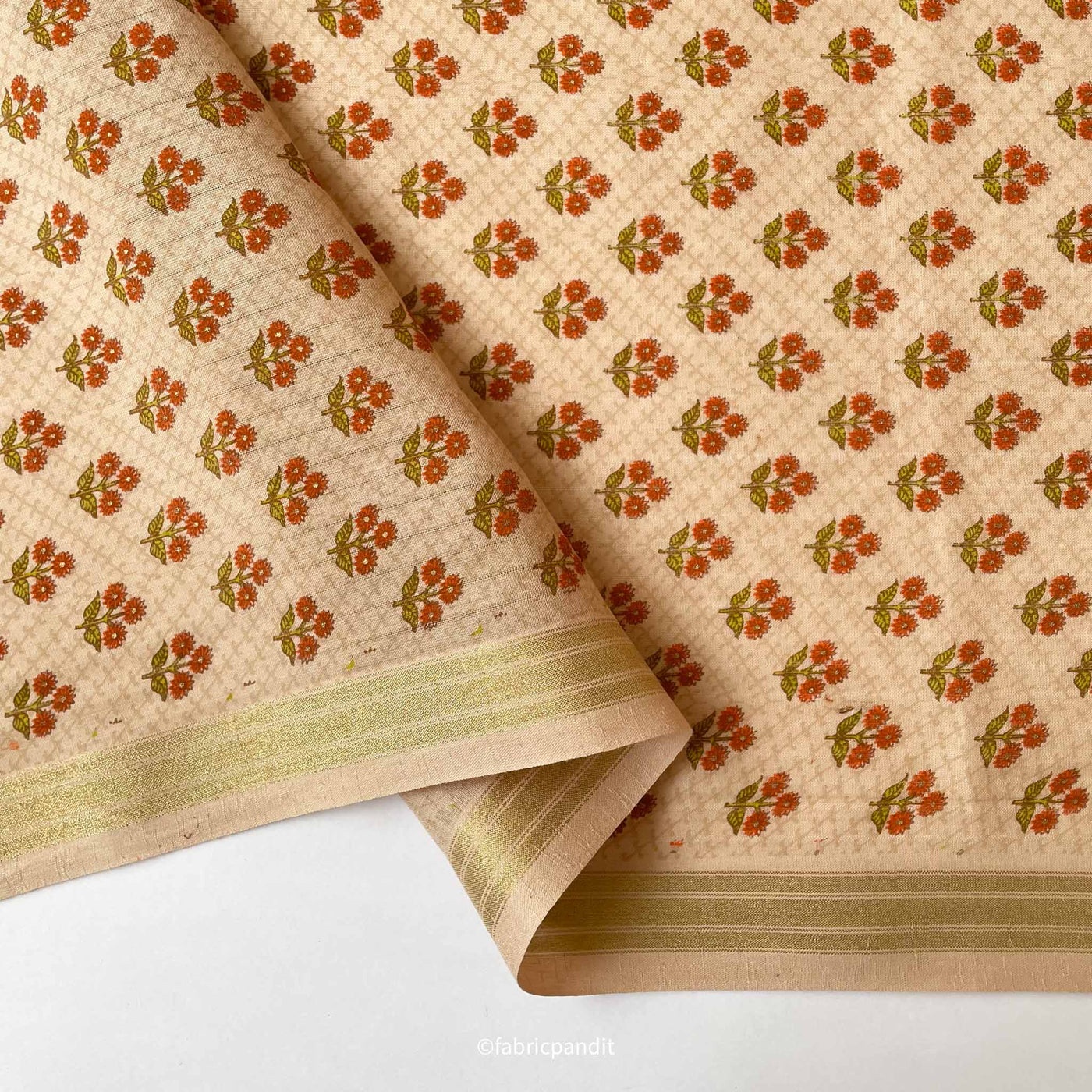 Hand Block Printed Cotton Fabric Cut Piece (CUT PIECE) Soft Gold & Orange Sunflower Bunch Hand Block Printed Pure Cotton Denting Fabric (Width 43 Inches)