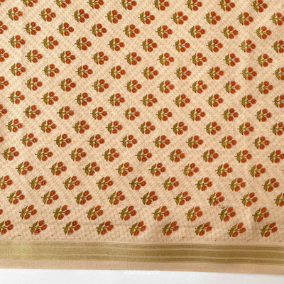 Hand Block Printed Cotton Fabric Cut Piece (CUT PIECE) Soft Gold & Orange Sunflower Bunch Hand Block Printed Pure Cotton Denting Fabric (Width 43 Inches)