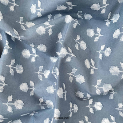 Hand Block Printed Cotton Fabric Cut Piece (CUT PIECE) Soft Grey & White Abstract Floral Batik Natural Dyed Hand Block Printed Pure Cotton Fabric (Width 42 inches)