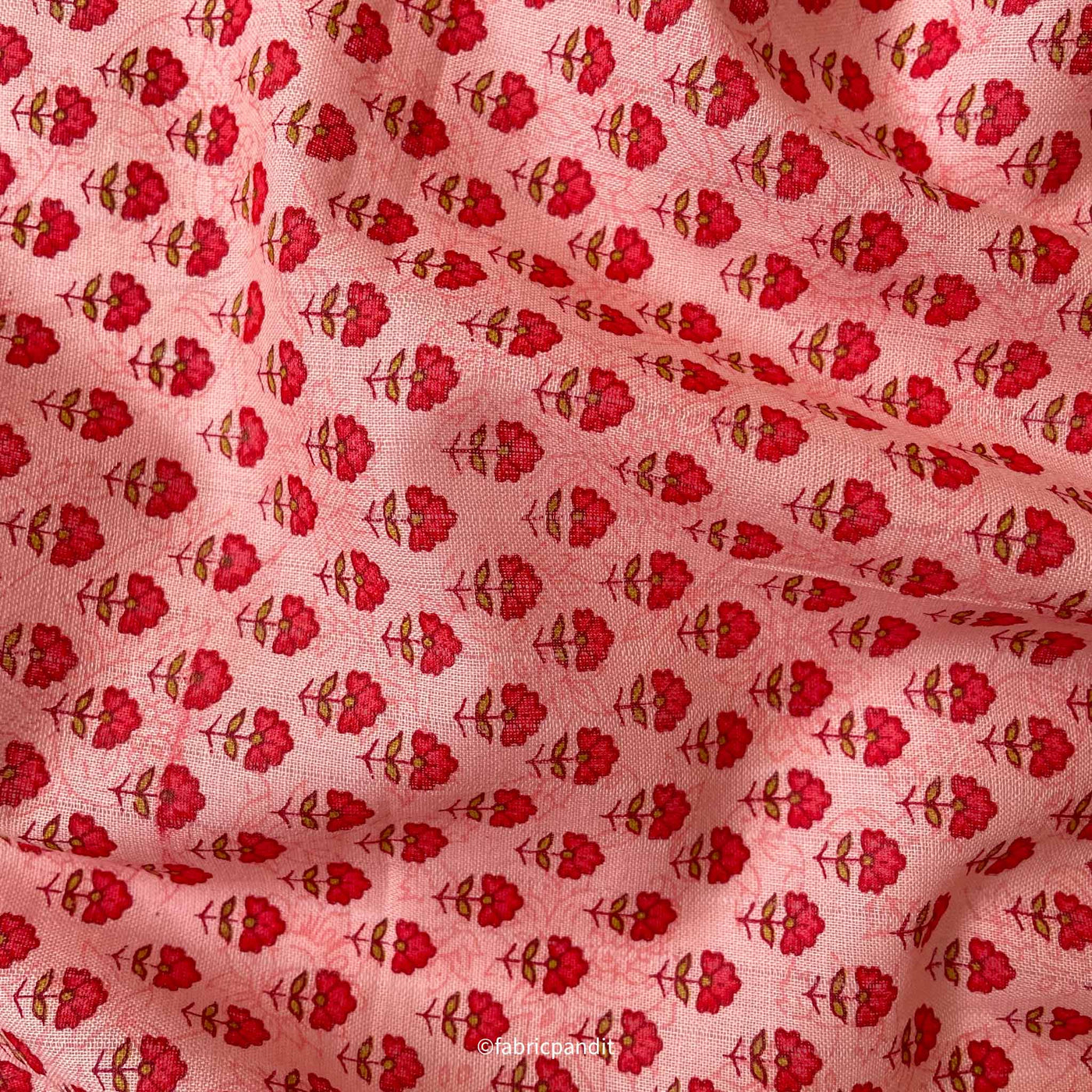 Hand Block Printed Cotton Fabric Cut Piece (CUT PIECE) Soft Peach and Red Mini Marigolds Hand Block Printed Pure Cotton Denting Fabric (Width 43 Inches)