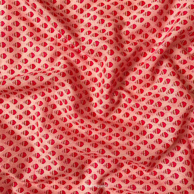 Hand Block Printed Cotton Fabric Cut Piece (CUT PIECE) Soft Peach and Red Mini Marigolds Hand Block Printed Pure Cotton Denting Fabric (Width 43 Inches)