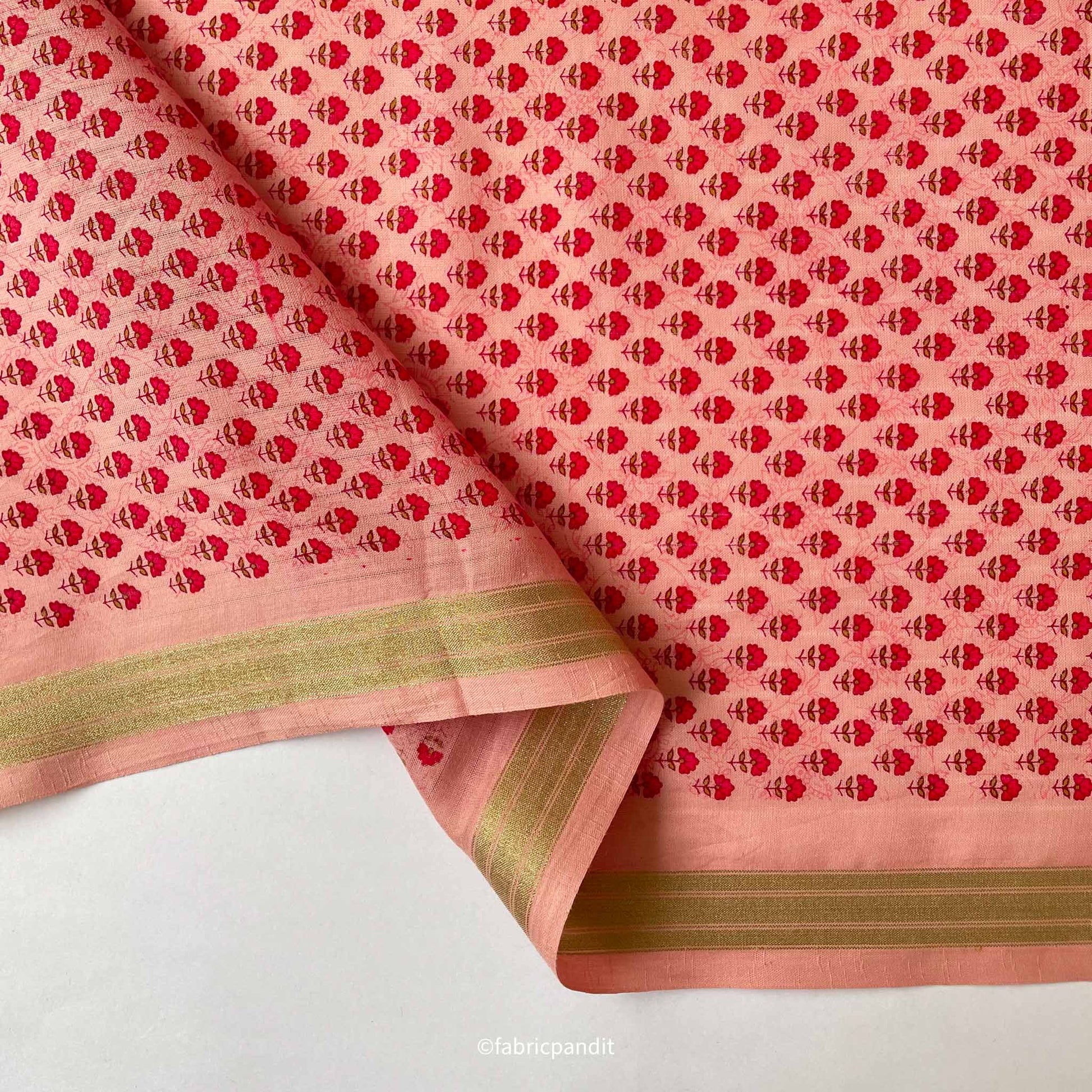 Hand Block Printed Cotton Fabric Cut Piece (CUT PIECE) Soft Peach and Red Mini Marigolds Hand Block Printed Pure Cotton Denting Fabric (Width 43 Inches)