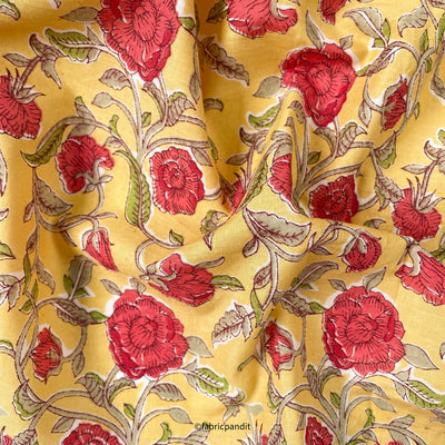 Hand Block Printed Cotton Fabric Cut Piece (CUT PIECE) Sunny Yellow & Red Floral Vines Hand Block Printed Pure Cotton Fabric (Width 42 inches)