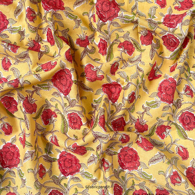 Hand Block Printed Cotton Fabric Cut Piece (CUT PIECE) Sunny Yellow & Red Floral Vines Hand Block Printed Pure Cotton Fabric (Width 42 inches)