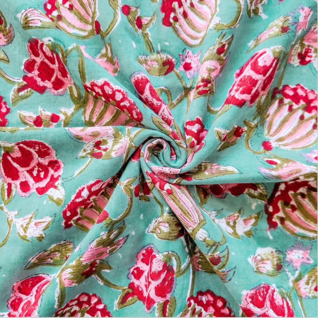 Hand Block Printed Cotton Fabric Cut Piece (CUT PIECE) Turquoise & Red Pomegranate Garden Hand Block Printed Pure Cotton Fabric (Width 42 Inches)