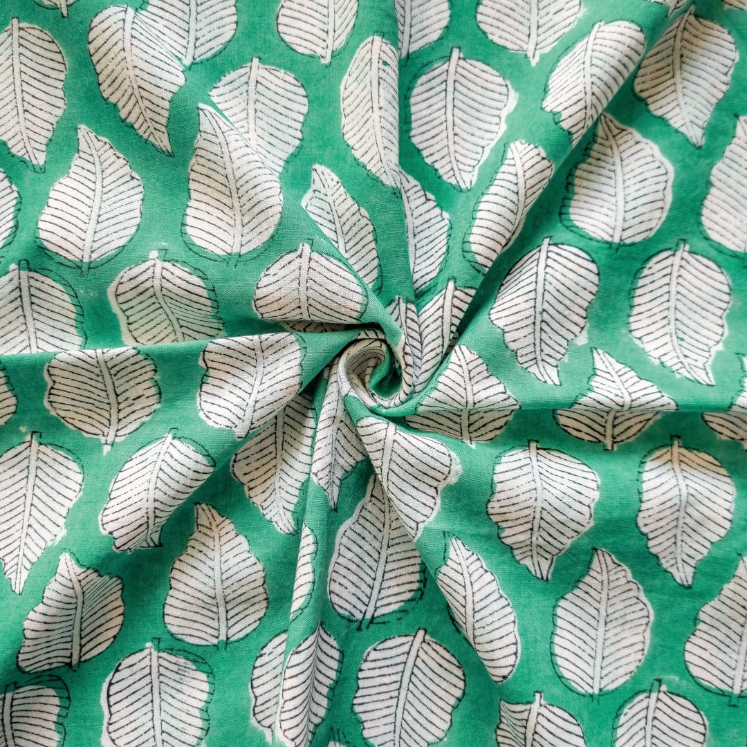 Hand Block Printed Cotton Fabric Cut Piece (CUT PIECE) Turquoise & White Autumn Leaf Hand Block Printed Pure Cotton Fabric (Width 42 Inches)