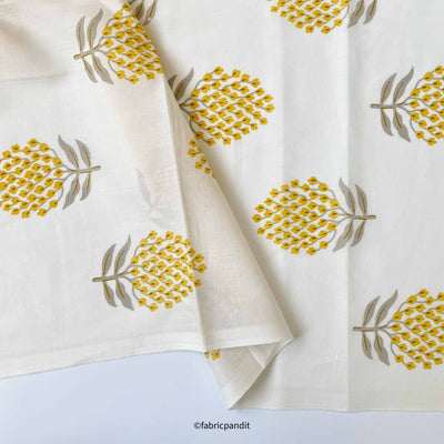 Hand Block Printed Cotton Fabric Cut Piece (CUT PIECE) White and Yellow Marigolds Hand Block Printed Pure Cotton Fabric (Width 42 inches)