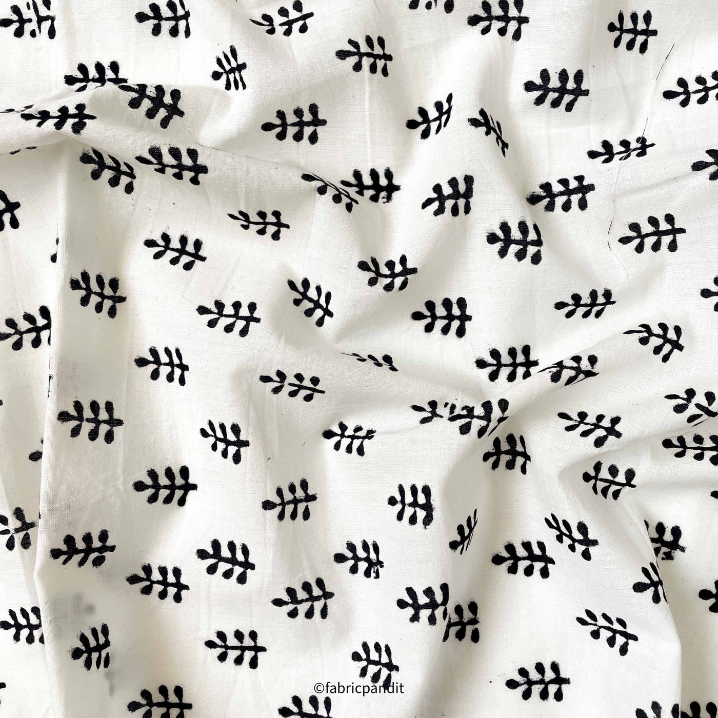 Hand Block Printed Cotton Fabric Cut Piece (CUT PIECE) White & Black Mughal Floral Hand Block Printed Pure Cotton Fabric (Width 42 inches)