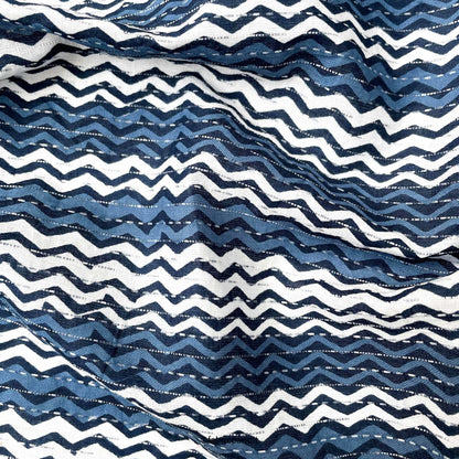 Hand Block Printed Cotton Fabric Cut Piece (CUT PIECE) White & Blue Zig-Zag Stripes Hand Block Printed Pure Cotton Fabric (Width 42 inches)