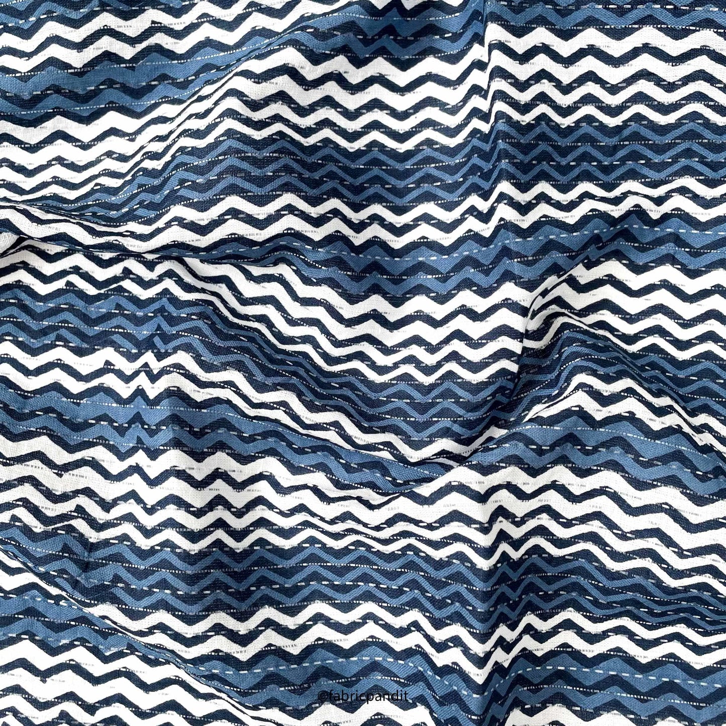 Hand Block Printed Cotton Fabric Cut Piece (CUT PIECE) White & Blue Zig-Zag Stripes Hand Block Printed Pure Cotton Fabric (Width 42 inches)