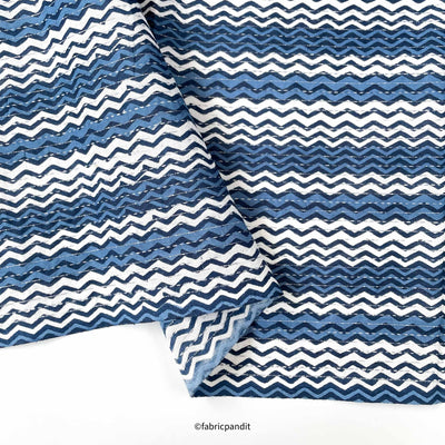 Hand Block Printed Cotton Fabric Cut Piece (CUT PIECE) White & Blue Zig-Zag Stripes Hand Block Printed Pure Cotton Fabric (Width 42 inches)