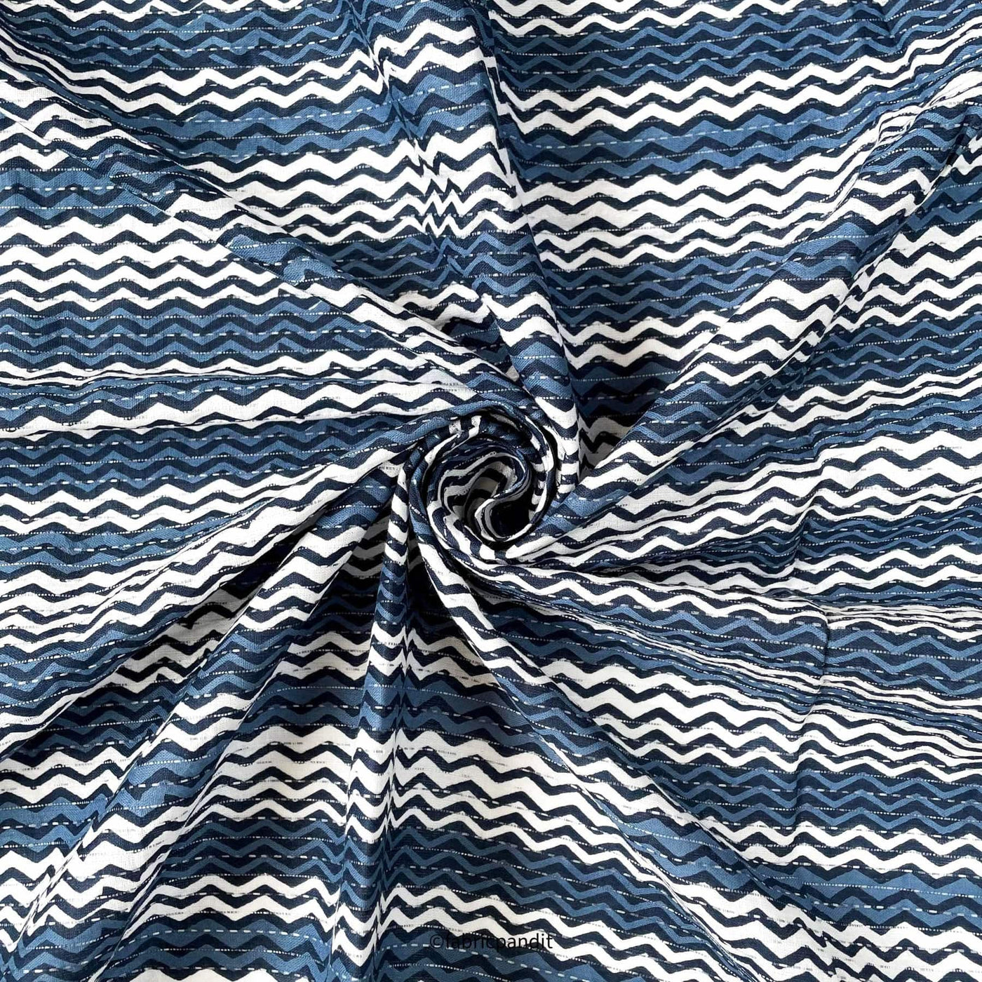 Hand Block Printed Cotton Fabric Cut Piece (CUT PIECE) White & Blue Zig-Zag Stripes Hand Block Printed Pure Cotton Fabric (Width 42 inches)