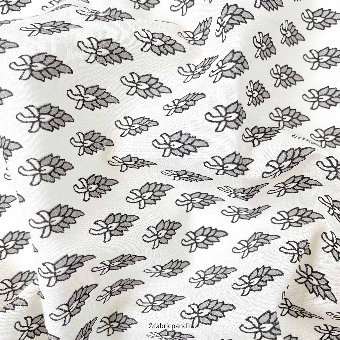 Hand Block Printed Cotton Fabric Cut Piece (CUT PIECE) White & Grey Abstract Floral Hand Block Printed Pure Cotton Fabric (Width 42 inches)