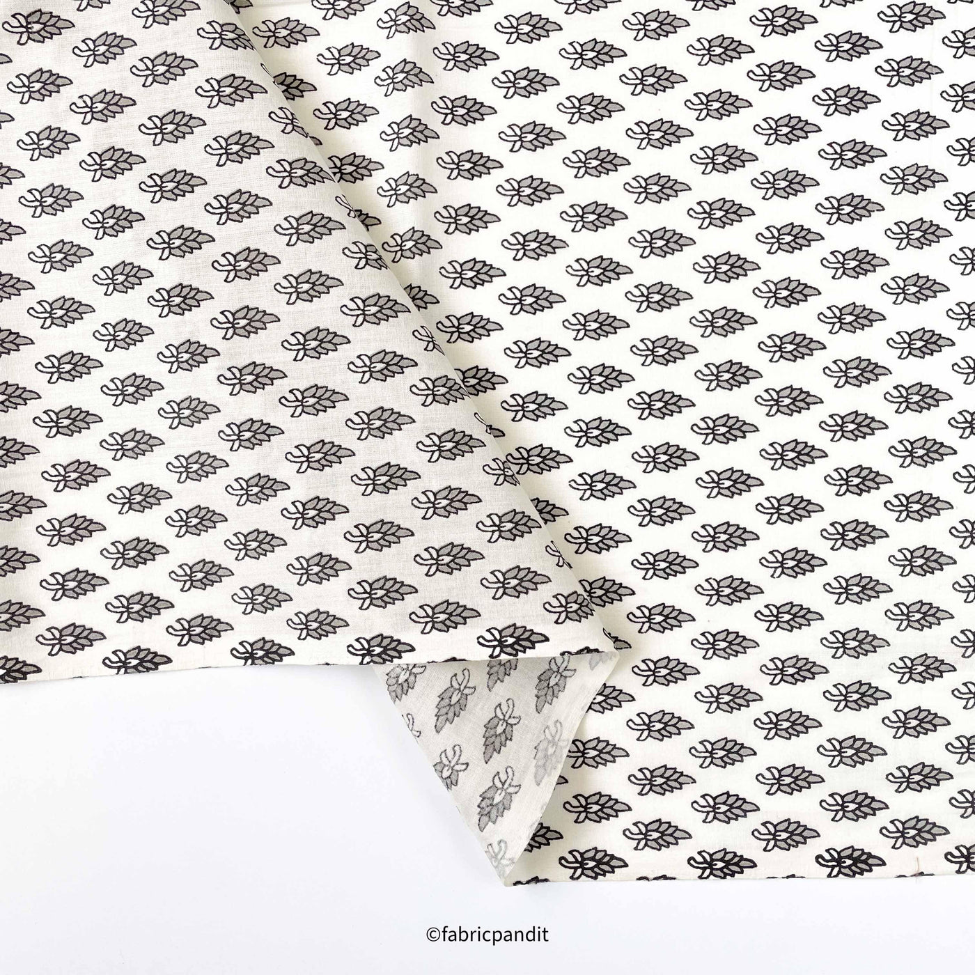 Hand Block Printed Cotton Fabric Cut Piece (CUT PIECE) White & Grey Abstract Floral Hand Block Printed Pure Cotton Fabric (Width 42 inches)
