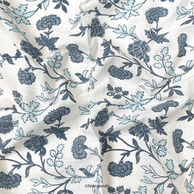Hand Block Printed Cotton Fabric Cut Piece (CUT PIECE) White & Grey Orchids & Roses Hand Block Printed Pure Cotton Fabric (Width 42 inches)