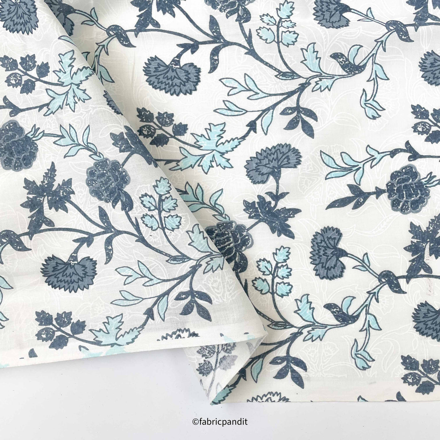 Hand Block Printed Cotton Fabric Cut Piece (CUT PIECE) White & Grey Orchids & Roses Hand Block Printed Pure Cotton Fabric (Width 42 inches)
