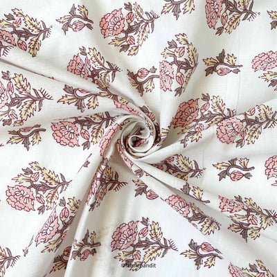 Hand Block Printed Cotton Fabric Cut Piece (CUT PIECE) White & Pink Floral Meadow Hand Block Printed Pure Cotton Fabric (Width 42 inches)
