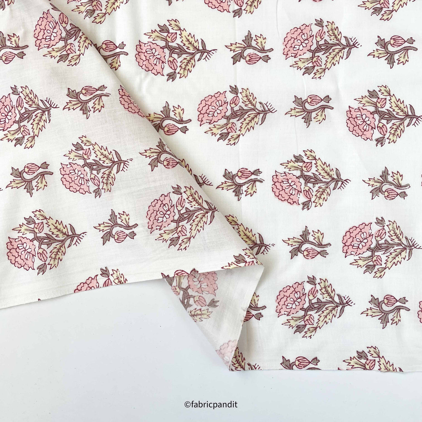 Hand Block Printed Cotton Fabric Cut Piece (CUT PIECE) White & Pink Floral Meadow Hand Block Printed Pure Cotton Fabric (Width 42 inches)