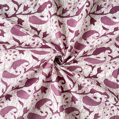 Hand Block Printed Cotton Fabric Cut Piece (CUT PIECE) White & Purple Batik Natural Dyed Floral Paisely Hand Block Printed Cotton Fabric (Width 43 inches)