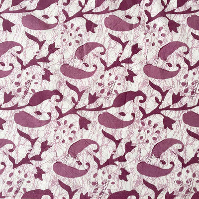 Hand Block Printed Cotton Fabric Cut Piece (CUT PIECE) White & Purple Batik Natural Dyed Floral Paisely Hand Block Printed Cotton Fabric (Width 43 inches)