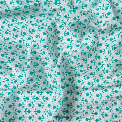Hand Block Printed Cotton Fabric Cut Piece (CUT PIECE) White & Turquoise Mini Sunflowers with Lurex Hand Block Printed Pure Cotton Fabric (Width 42 inches)