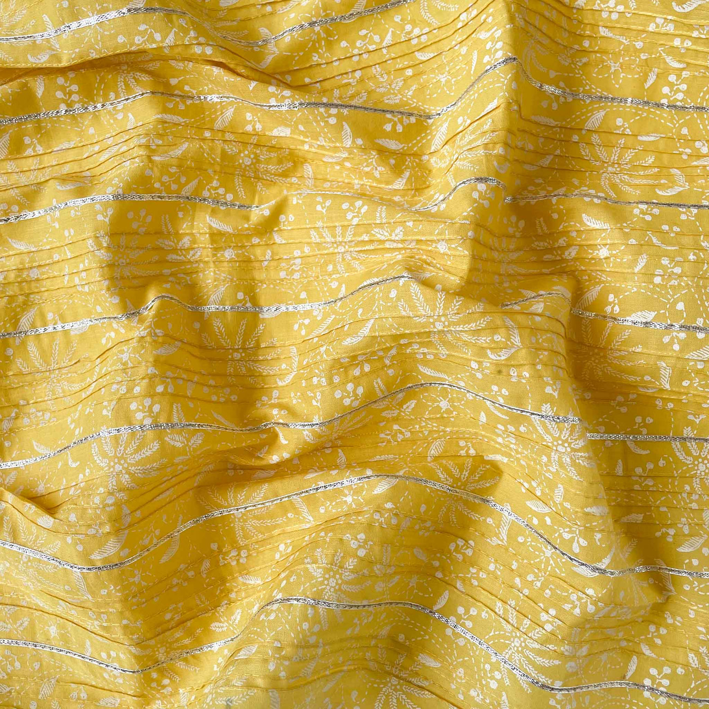 Hand Block Printed Cotton Fabric Cut Piece (CUT PIECE) Yellow & White Floral Pintucks with Gota Patti Hand Block Printed Pure Cotton Fabric (Width 36 inches)