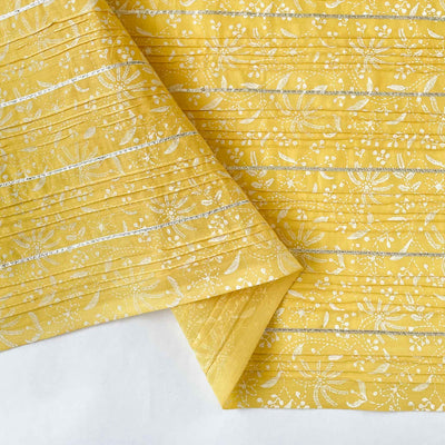 Hand Block Printed Cotton Fabric Cut Piece (CUT PIECE) Yellow & White Floral Pintucks with Gota Patti Hand Block Printed Pure Cotton Fabric (Width 36 inches)