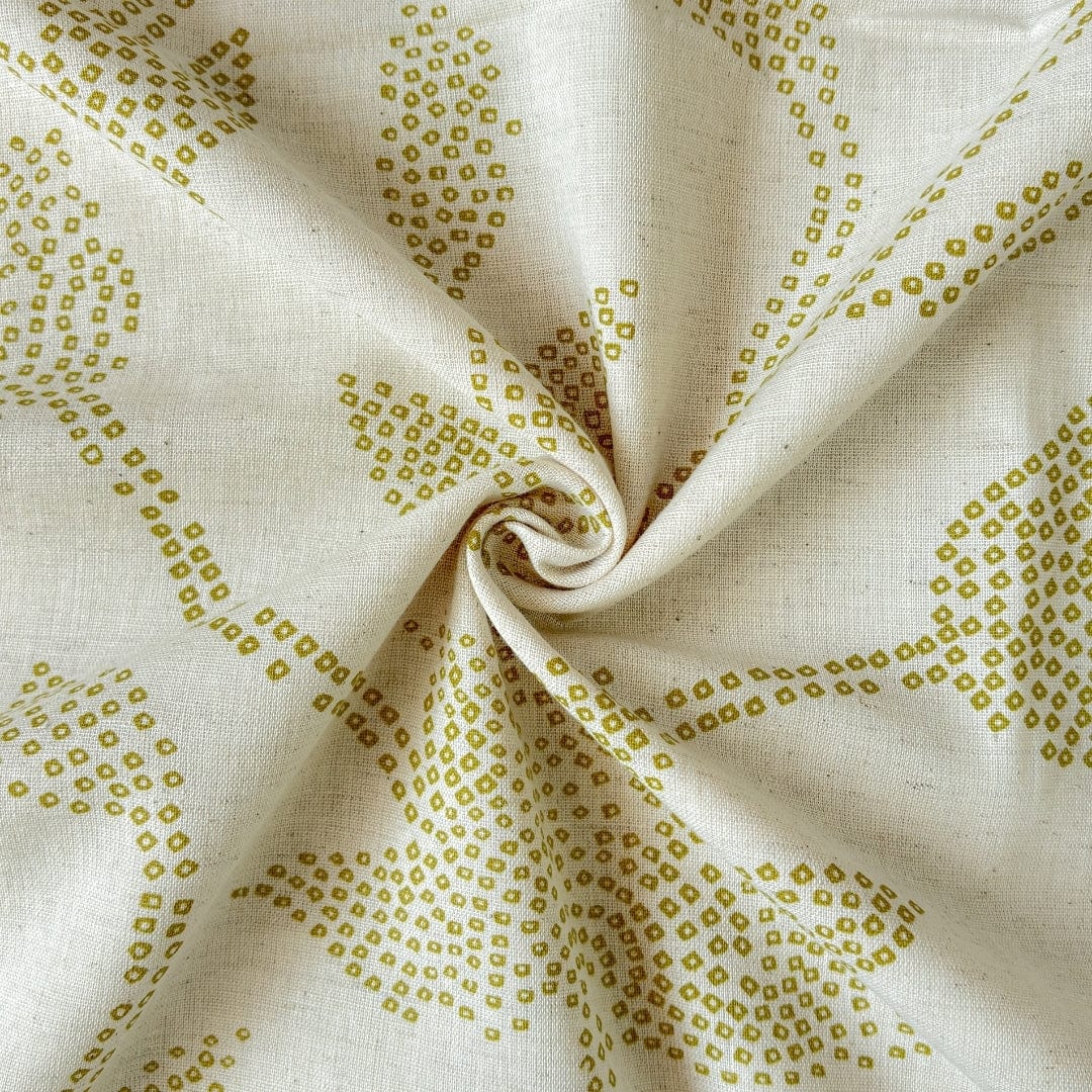Hand Block Printed Cotton Fabric Fabric Beige & Light Green Bandhani Floral Vines Hand Block Printed Pure Cotton Linen Fabric (Width 42 Inches)