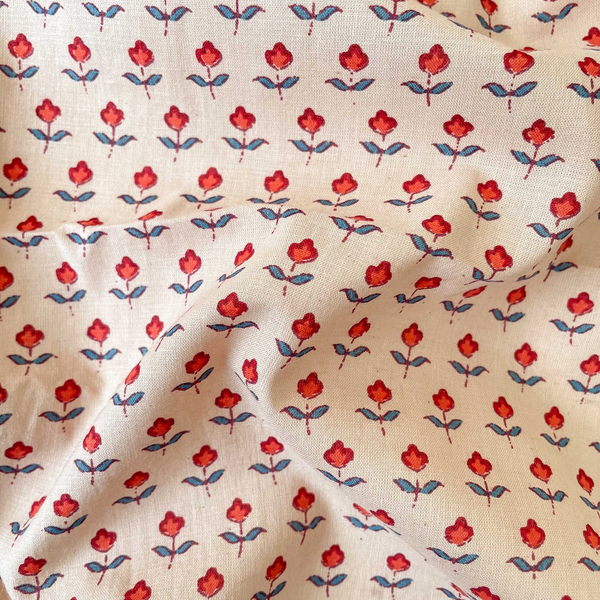 Hand Block Printed Cotton Fabric Fabric Beige & Red Mini Flowers Hand Block Printed Pure Cotton Fabric (Width 42 Inches)