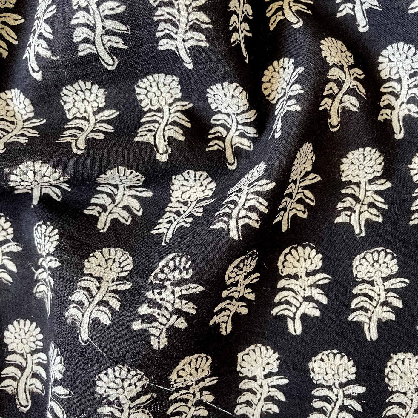 Hand Block Printed Cotton Fabric Fabric Black & Beige Mini Traditional Floral Bagru Hand Block Printed Pure Cotton Fabric (Width 42 Inches)