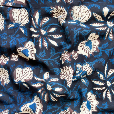 Hand Block Printed Cotton Fabric Fabric Black & Blue Abstract Floral Garden Jahota Hand Block Printed Pure Cotton Fabric (Width 42 Inches)