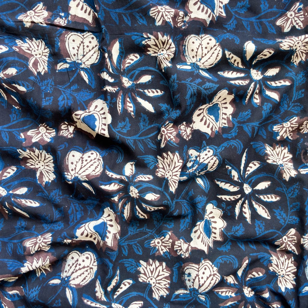 Hand Block Printed Cotton Fabric Fabric Black & Blue Abstract Floral Garden Jahota Hand Block Printed Pure Cotton Fabric (Width 42 Inches)