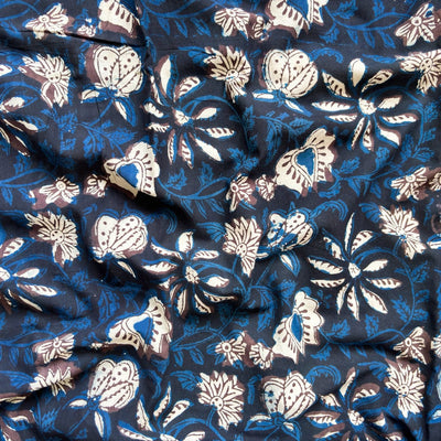 Hand Block Printed Cotton Fabric Fabric Black & Blue Abstract Floral Garden Jahota Hand Block Printed Pure Cotton Fabric (Width 42 Inches)