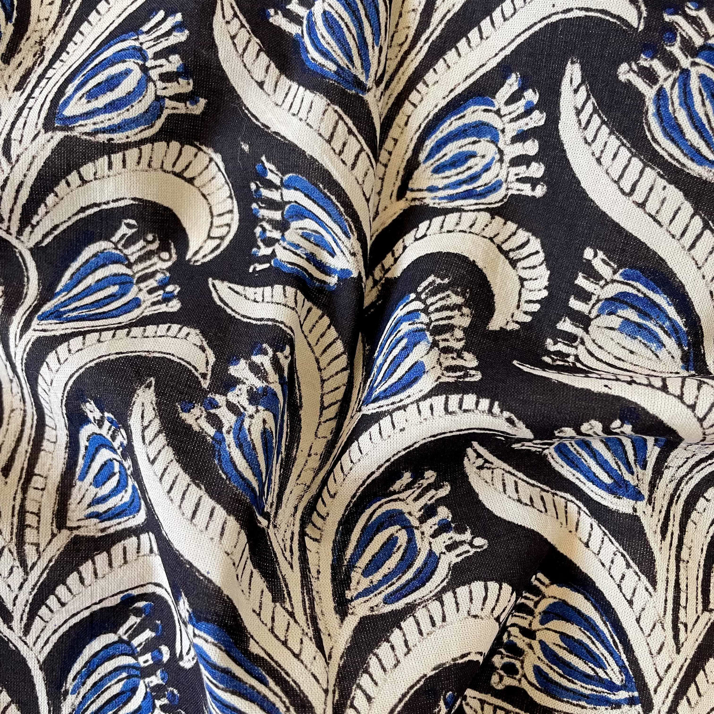 Hand Block Printed Cotton Fabric Fabric Black & Blue Abstract Tulip Vines Ajrakh Natural Dyed Hand Block Printed Pure Cotton Fabric (Width 42 Inches)