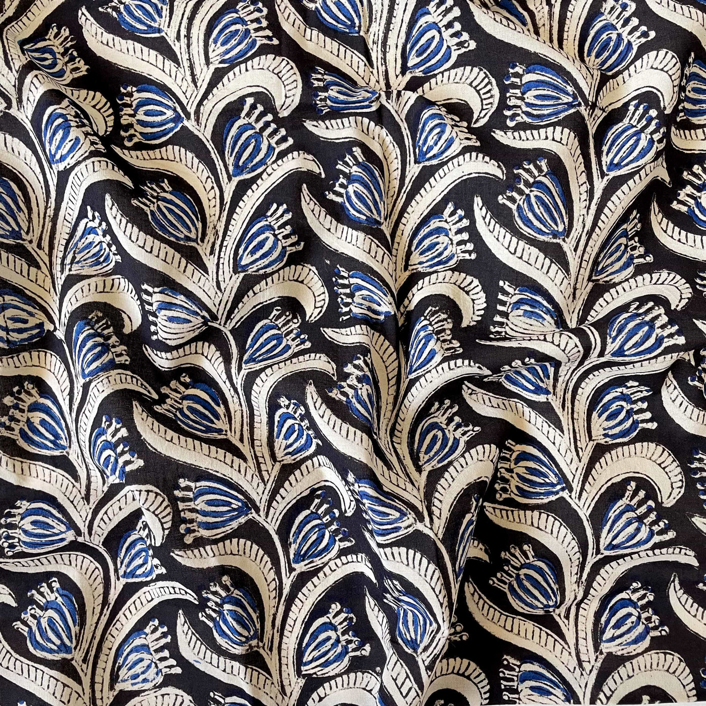 Hand Block Printed Cotton Fabric Fabric Black & Blue Abstract Tulip Vines Ajrakh Natural Dyed Hand Block Printed Pure Cotton Fabric (Width 42 Inches)